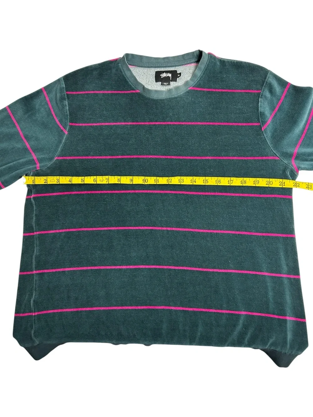Stussy Stripe Velour Long Sleeve Crewneck Sweatshirt Teal Pink Mens M